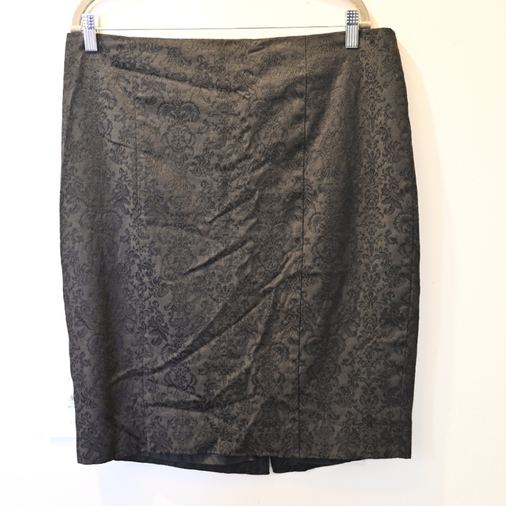 Black Floral Damask Print Stretch Pencil Skirt Size 16 Career Work Office Siren